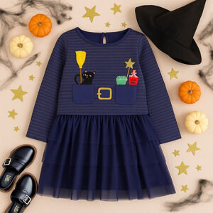 Mini Boden Halloween Witch Dress Tulle Party Starboard Blue Cat Frog Size 7-8Y